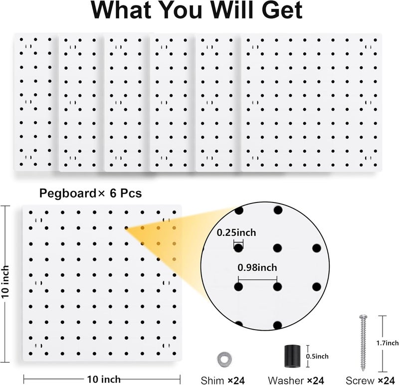 Lansi 6Pcs Peg Board, Pegboard Wall Organizer Panels, White Pegboard Wall Mount, ABS Pegboard for Craft Room Garage Kitchen Workshop Garage, ABS Peg Boards Easy Installation (White) - Image 3